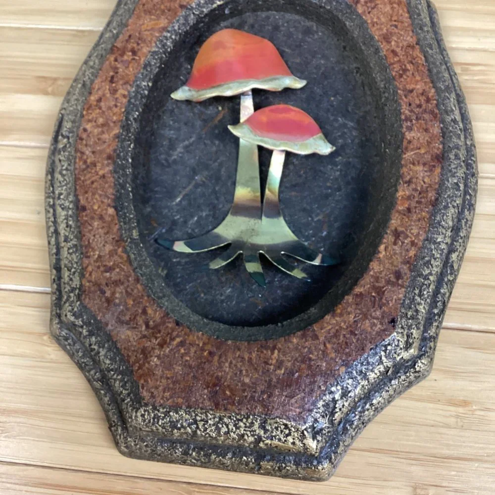 Metal Leaf & Mushroom Wooden Framed Wall Hanging